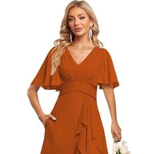 V Neck Bridesmaid Dress with Sleeves Ruched Ruffles Side Slit Long Formal